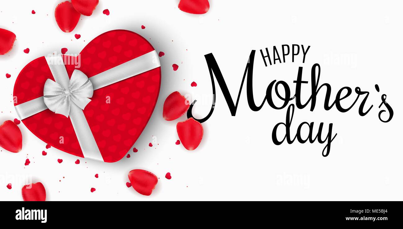 Carte de souhaits pour la Fête des Mères. Boîte cadeau rouge du cœur de l'arc. Arrière-plan blanc. Des pétales de rose et de confettis. J'aime maman. De la calligraphie et de lettrage. Ve Illustration de Vecteur