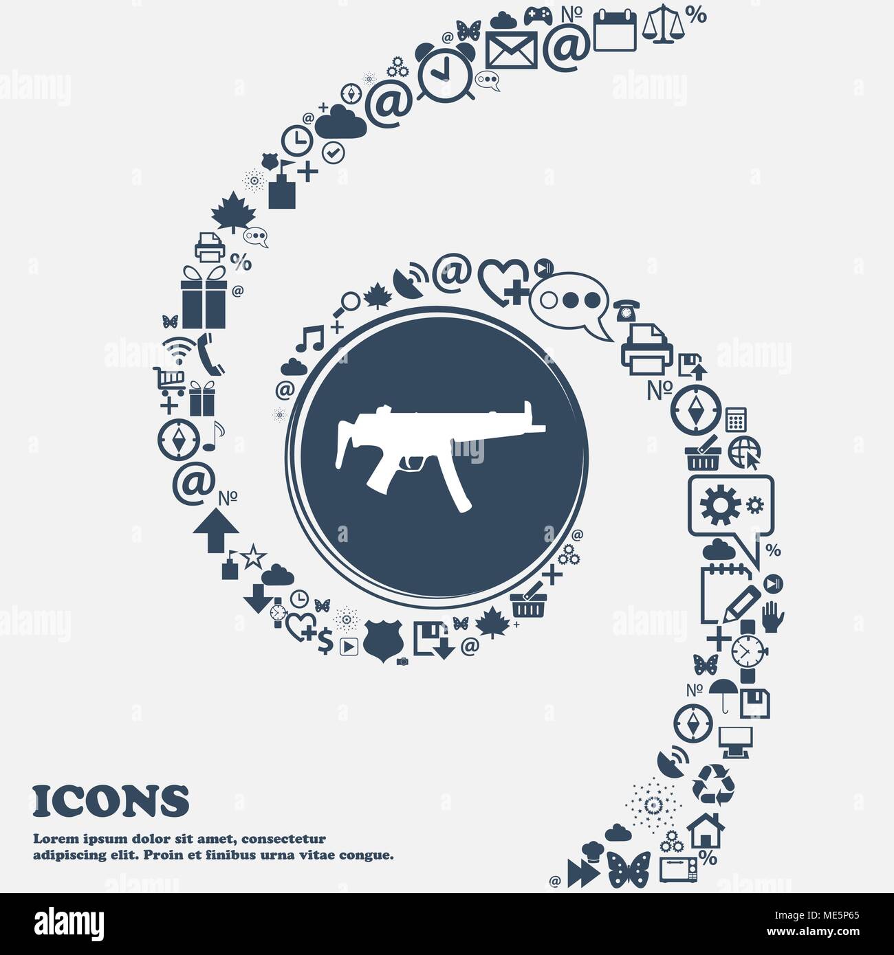 Machine gun Se déconnecter icône dans le centre. Autour de la beaucoup de beaux symboles torsadés en spirale. Vous pouvez utiliser chacune séparément pour votre conception. Vector illust Illustration de Vecteur