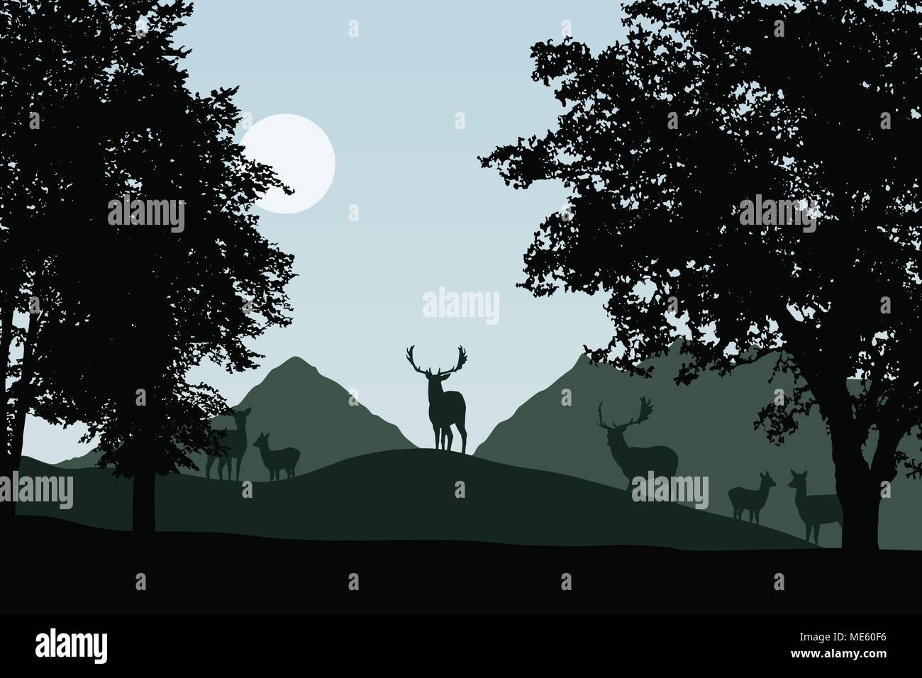 Troupeau de daims debout sous les arbres à feuilles caduques, vecteur, avec ciel avec soleil et l'espace pour votre texte Illustration de Vecteur