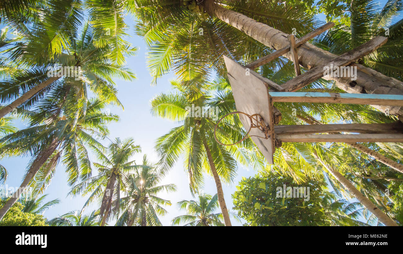 Un anneau de basket-ball dans un village au milieu de palmiers. Banque D'Images