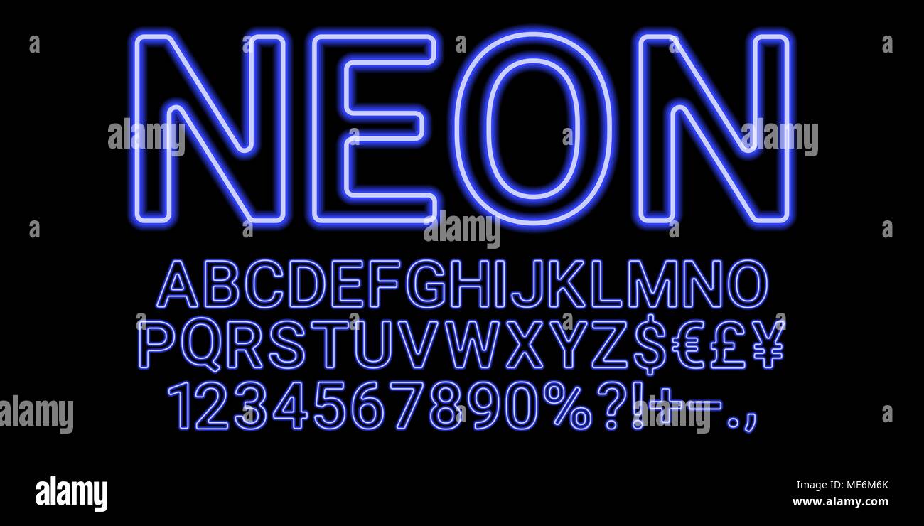 Neon font en bleu. Vector collection of latin des lettres de néon, néon alphabet composé de lignes sur le fond sombre Illustration de Vecteur