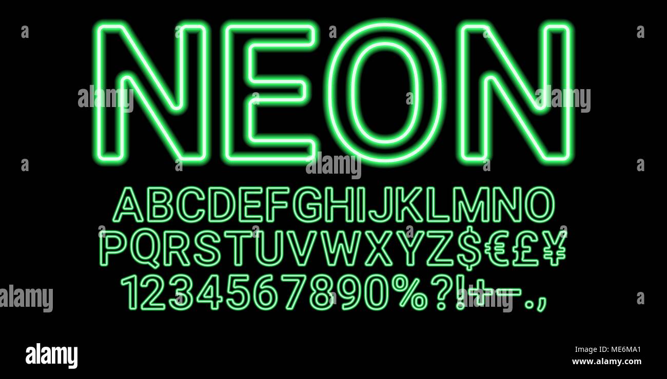 Police au néon de couleur verte. Vector collection of latin des lettres de néon, néon alphabet composé de lignes sur le fond sombre Illustration de Vecteur