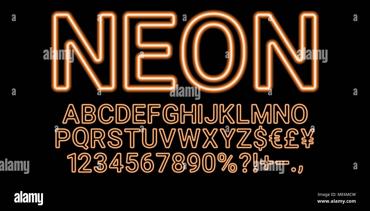 Neon font en orange. Vector collection of latin des lettres de néon, néon alphabet composé de lignes sur le fond sombre Illustration de Vecteur