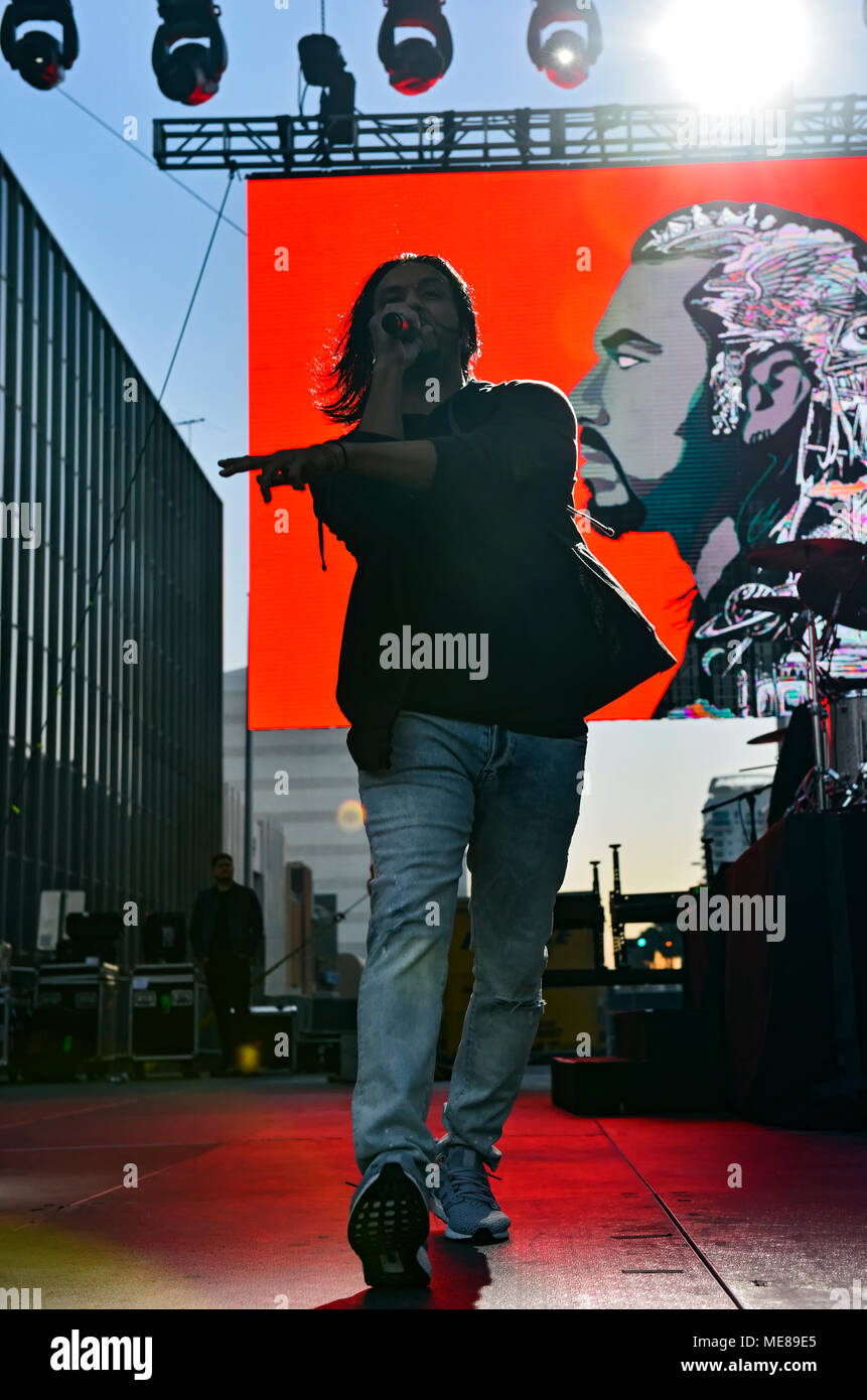 Las Vegas, Nevada, USA, le 20 avril 2018.Leigh Kakaty chanteur de pop Evil performing on stage jour 1 de la deuxième édition annuelle de Las Stique a 2 jours , heavy metal music festival tenu à la Centre-ville de Las Vegas Events Center. Crédit de photo : Ken Howard Images Banque D'Images