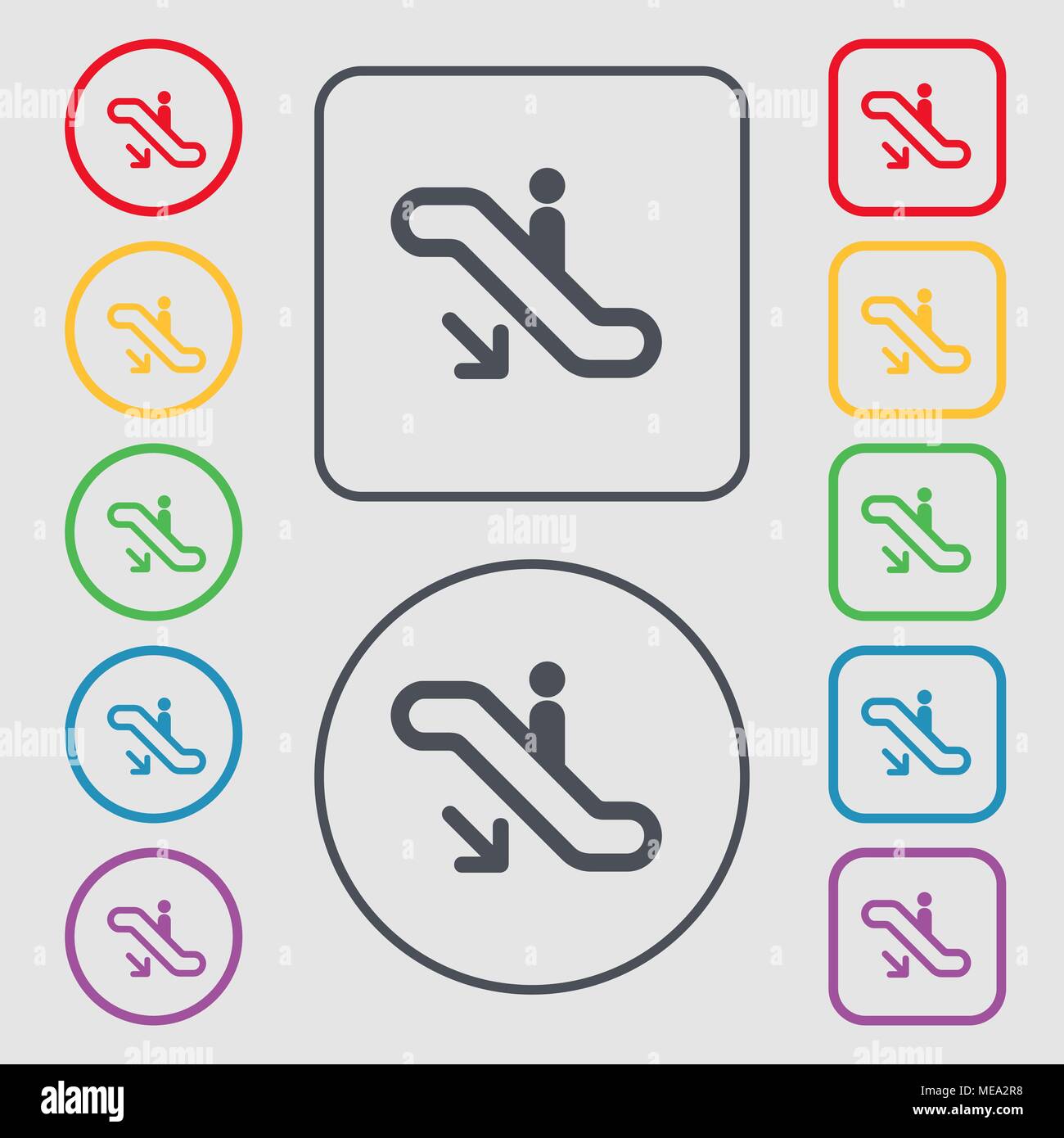 Ascenseur, Escalator, icône de l'escalier. signe symbole sur le boutons ronds et carrés avec le bâti. Vector illustration Illustration de Vecteur