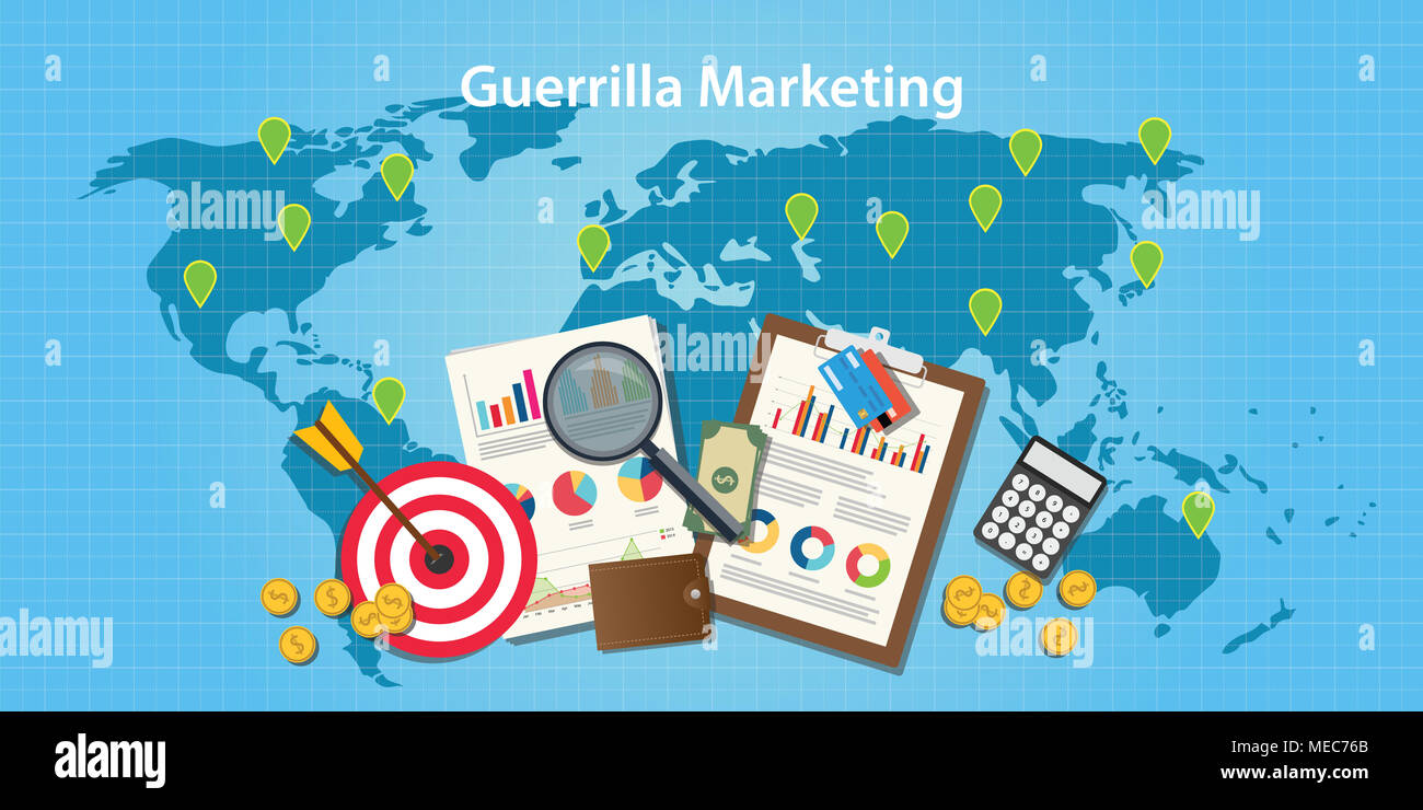 Concept de guérilla marketing avec carte du monde et le graphique et tableau avec vecteur cible Objectifs Banque D'Images