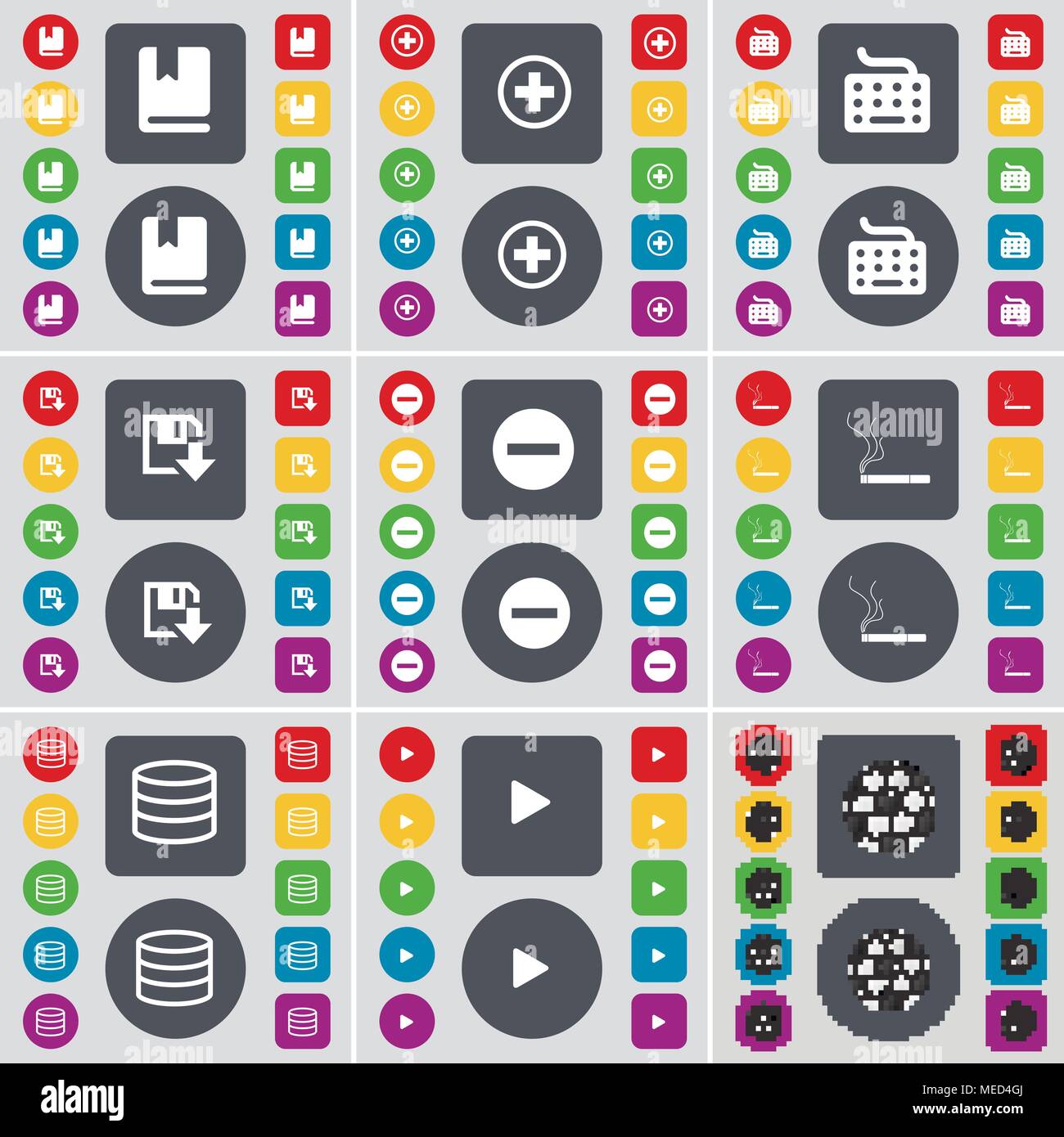 Dictionnaire, Plus, clavier, disquette, moins, Cigarette, base de données, jouer, Icône Balle symbole. Un grand ensemble de télévision, boutons de couleur pour votre conception. Je vecteur Illustration de Vecteur