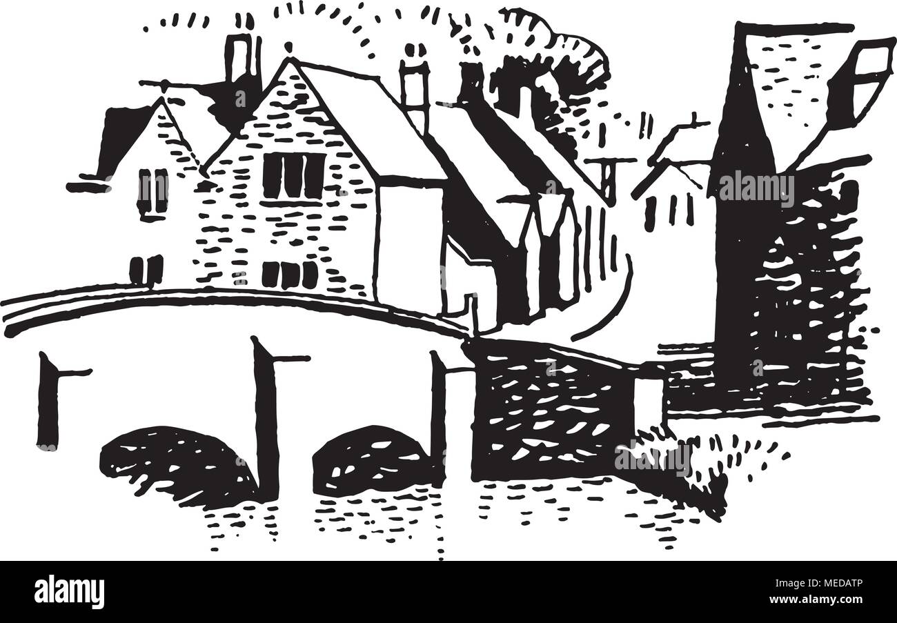 Village européen - Retro Clipart Illustration Illustration de Vecteur