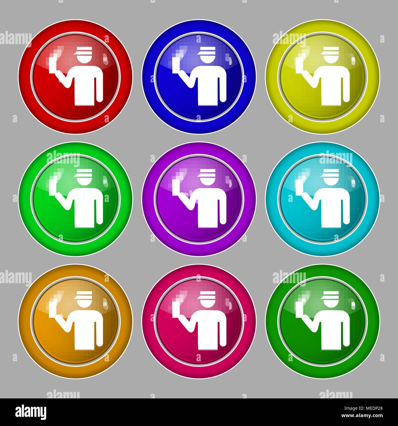 L'icône de l'inspecteur signe. symbole sur neuf boutons colorés. Vector ...