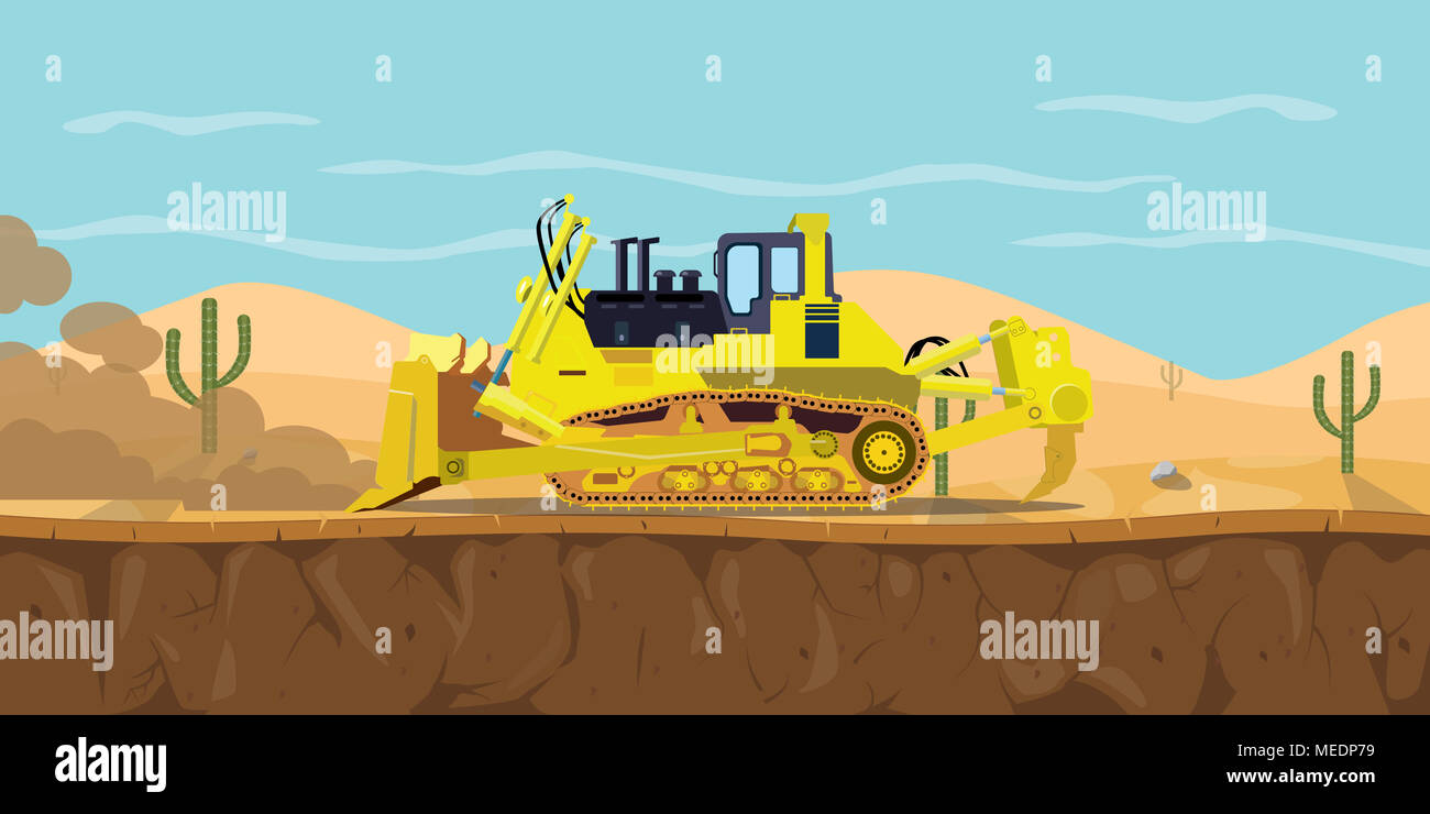 Un bulldozer de l'équipement lourd sur le désert avec cactus comme vecteur illustration graphique d'arrière-plan Banque D'Images