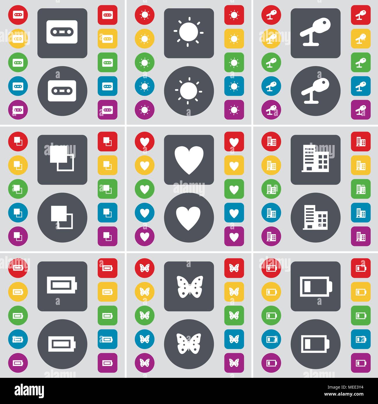 Cd, microphone, de lumière, de copier, de Cœur, de la construction, de l'icône de batterie, Papillon symbole. Un grand ensemble de télévision, boutons de couleur pour votre conception. Illus vectoriel Illustration de Vecteur