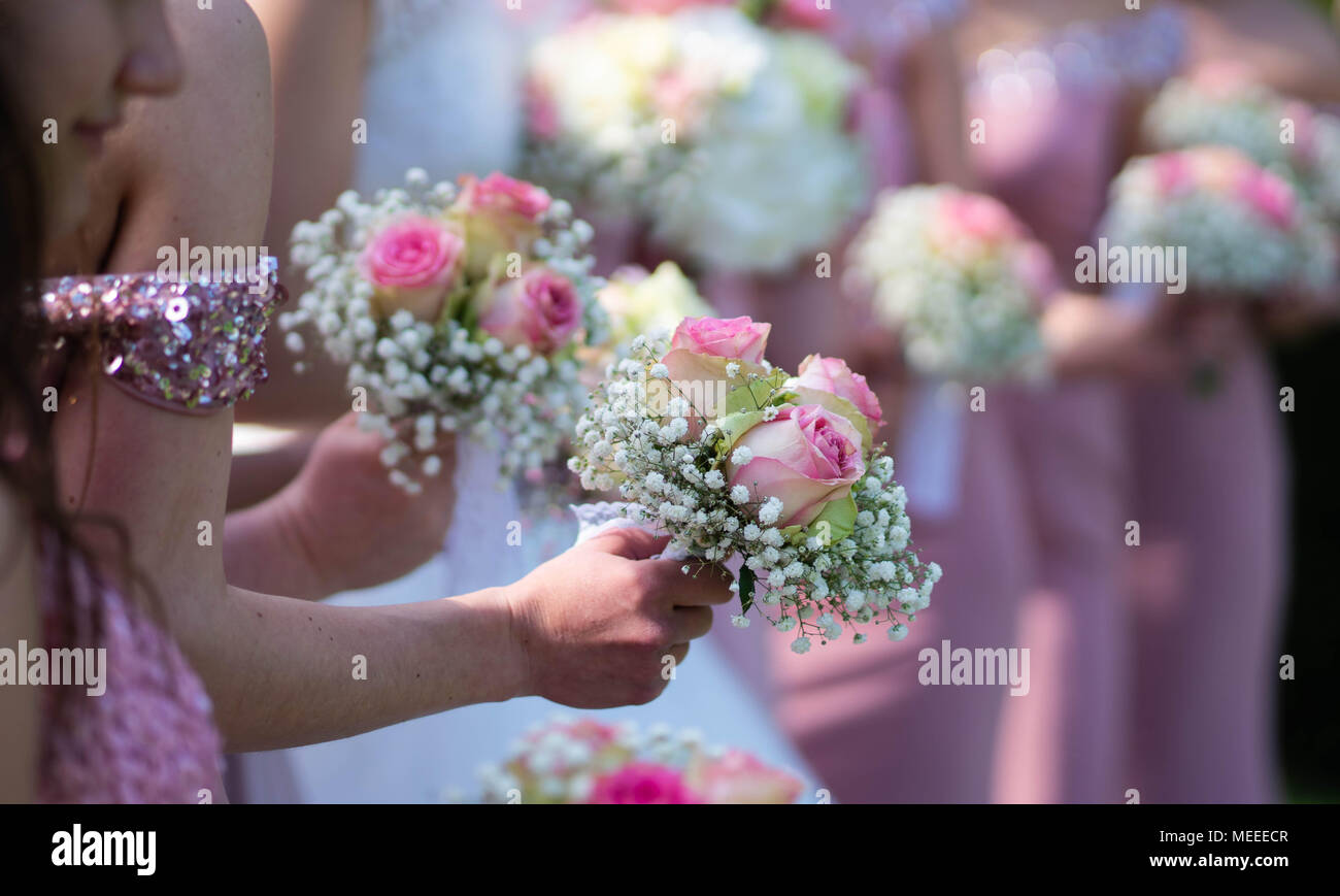 Une jeune mariée et demoiselles en robes rose tenant leurs bouquets. Banque D'Images
