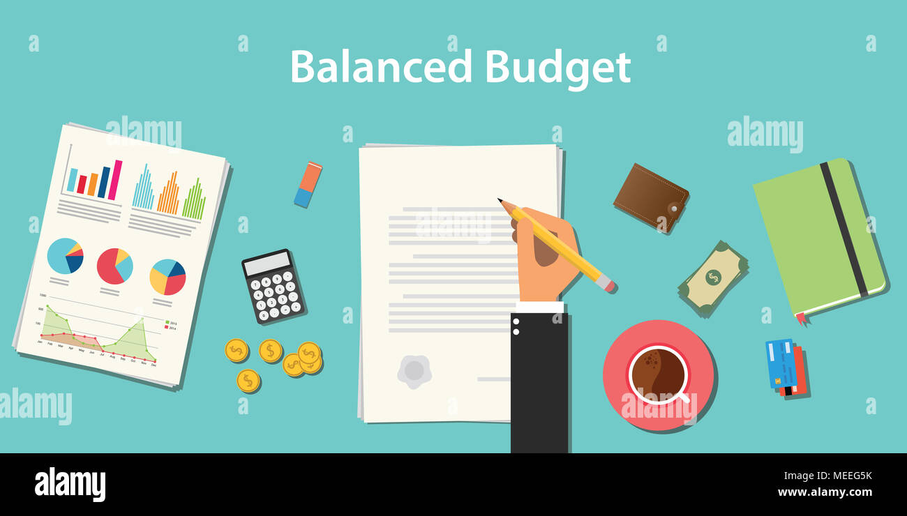 Budget équilibré avec illustration businessman working document sur papier graphique graphique avec l'argent de la paperasserie vector Banque D'Images