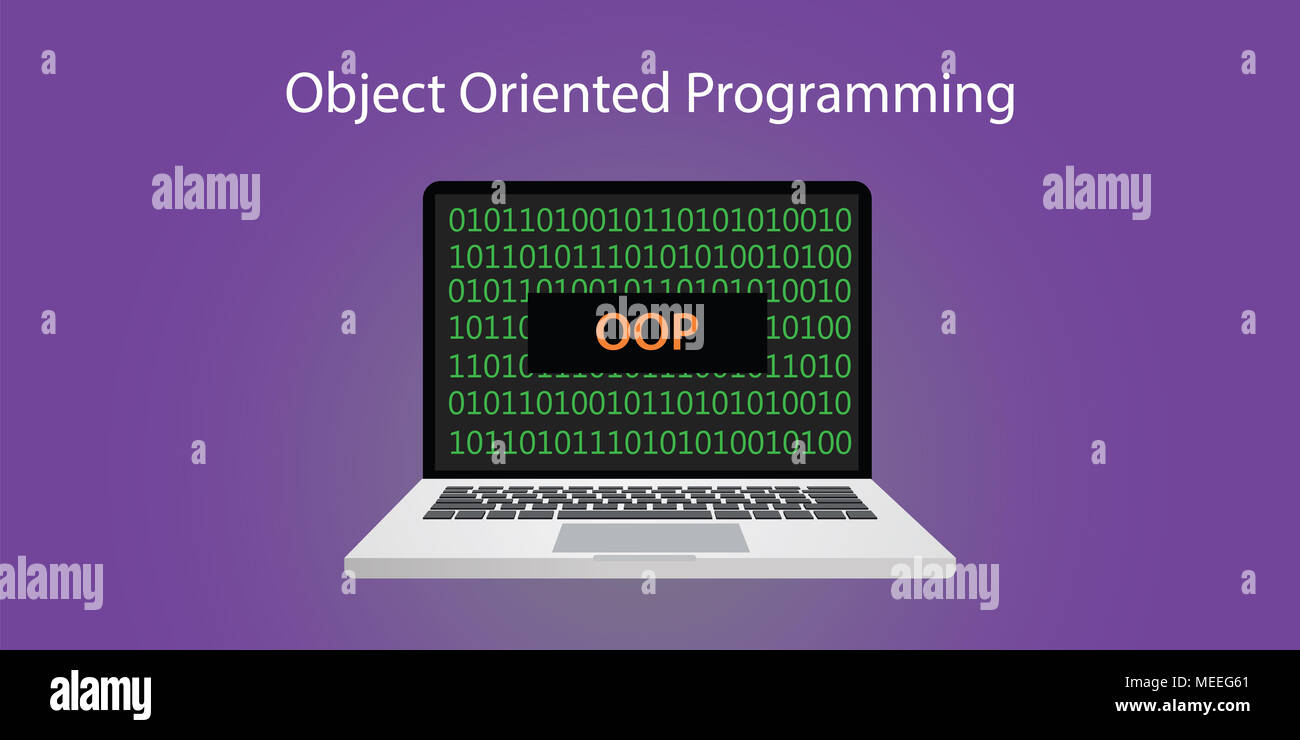 La programmation orientée objet poo concept illustration avec ordinateur portable ou ordinateur portable et les codes de programmation avec signe binaire 0 et 1 vector Banque D'Images