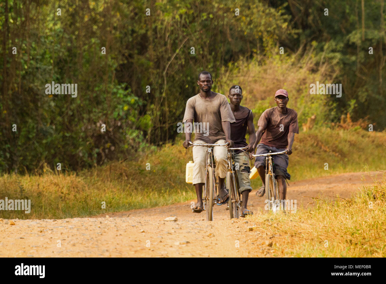 Les hommes équitation vélo au travail, de l'Ouganda Banque D'Images