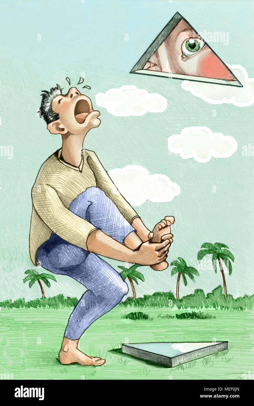 Un triangle tombe du ciel dans le triangle l'oeil de Dieu est vu la pièce tombe du ciel sur le pied d'un homme qui saute à propos pour la douleur Banque D'Images