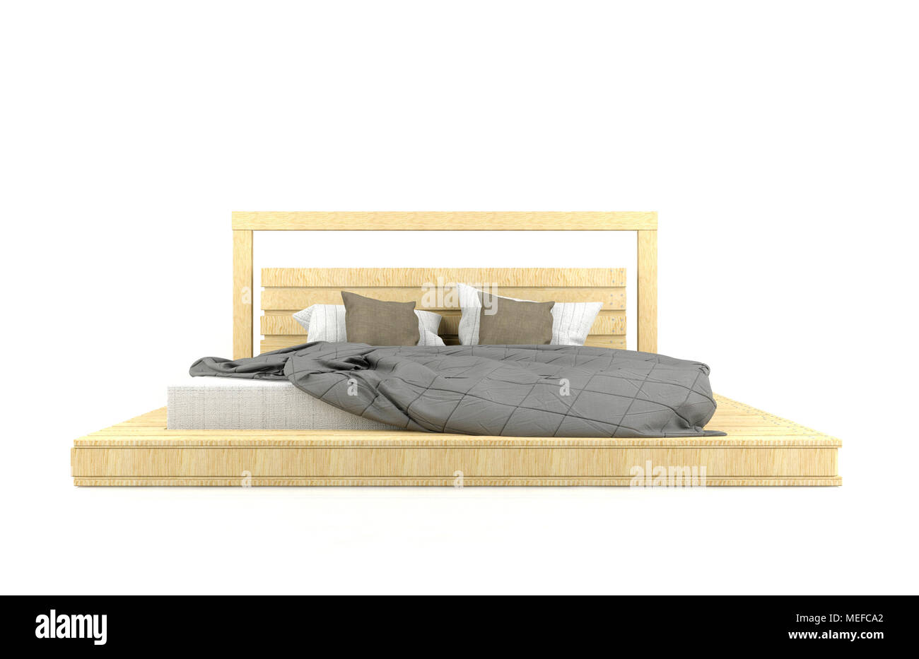 Design Loft moderne et lit en bois isolé sur fond blanc Banque D'Images