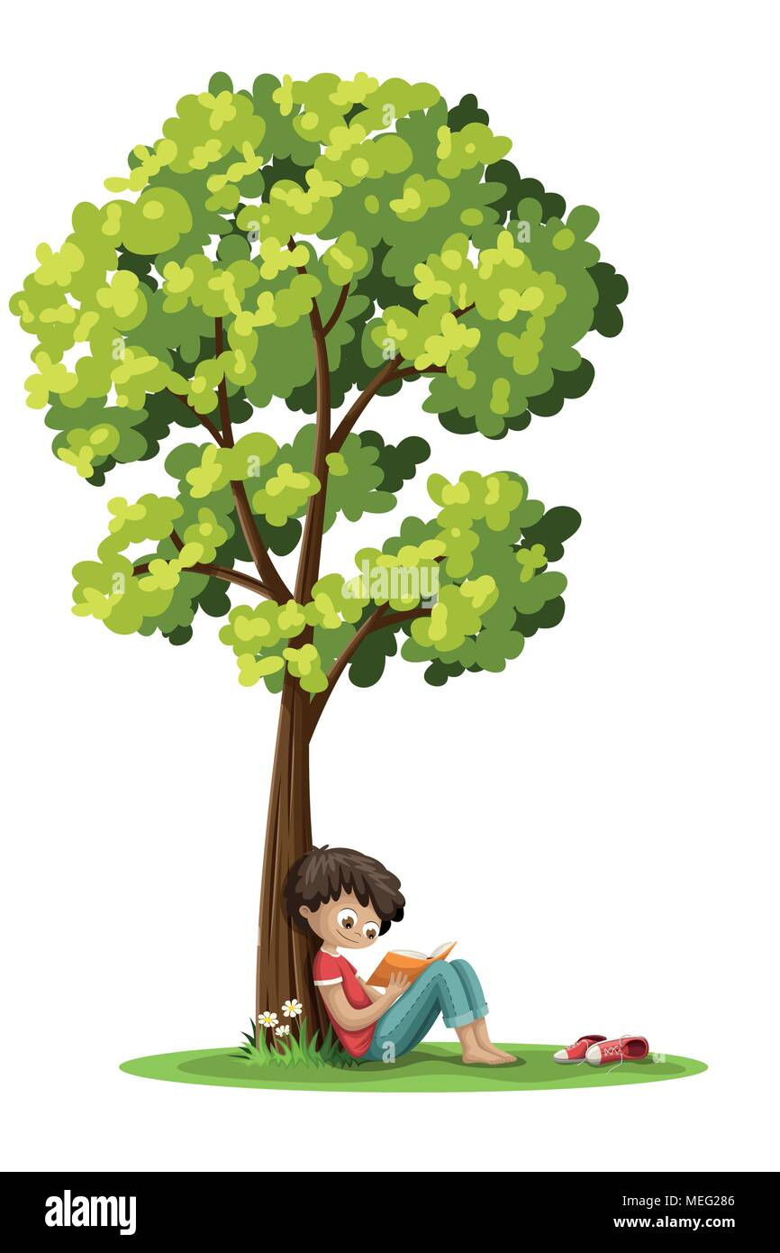 Garçon est assis unter un arbre et la lecture d'un livre. Isolé sur fond blanc. Illustration de Vecteur