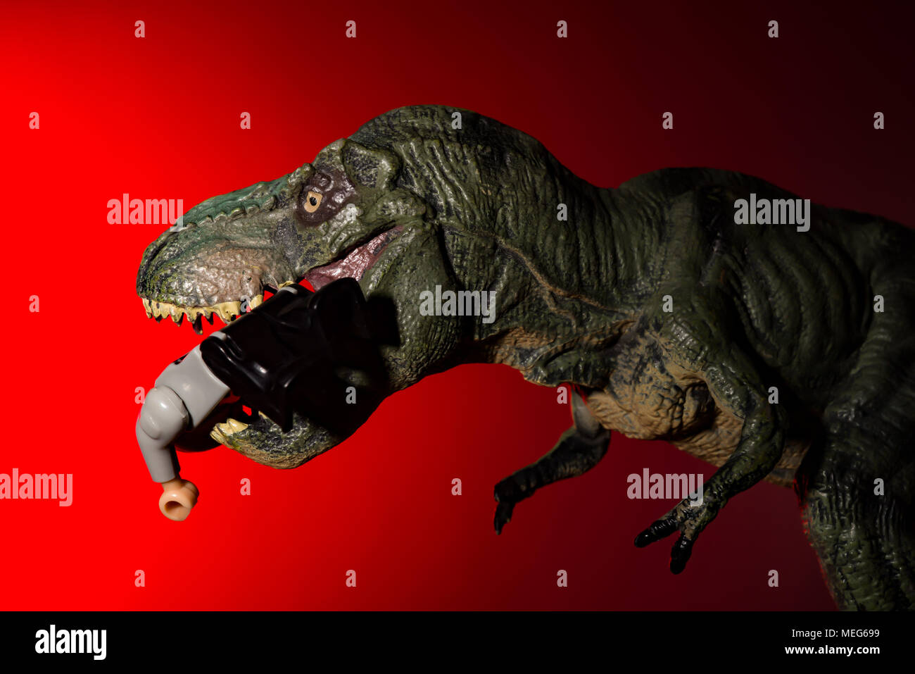 Tyrannosaurus mordant un corps humain sur fond rouge aucun logo ou marque déposée Banque D'Images