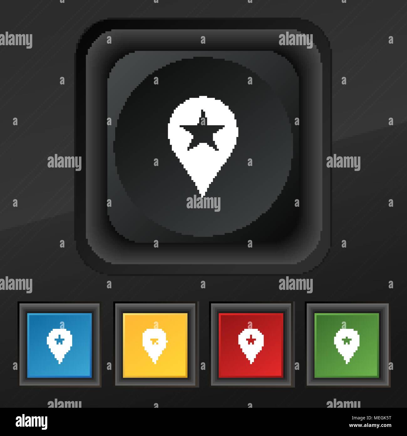 Pointeur de carte, l'icône de localisation GPS prix symbole. Ensemble de cinq boutons coloré et élégant sur la texture noire pour votre conception. Vector illustration Illustration de Vecteur