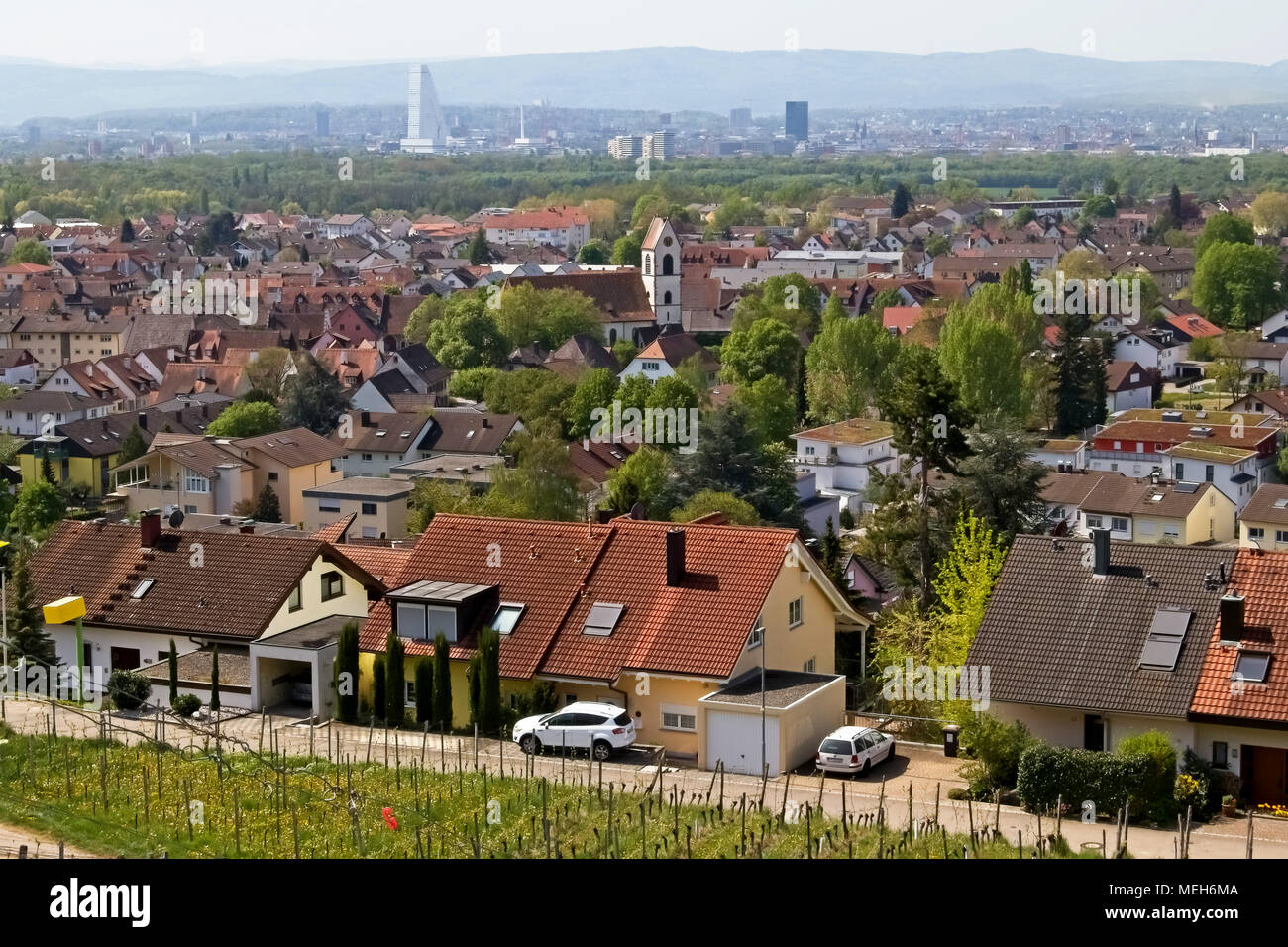Vue panoramique du vieux Weil (Weil am Rhein) village entouré d'arbres verts, Bade-Wurtemberg, Allemagne. Banque D'Images