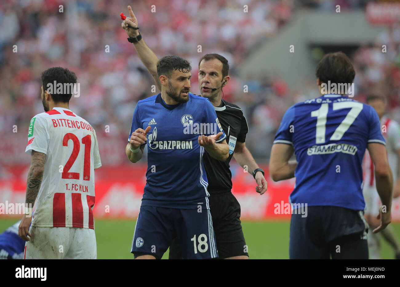 Cologne, Allemagne 22 avril 2018 Journée de Bundesliga, 31, 1. FC Koeln vs FC Schalke 04 : Daniel Caligiuri (Koeln) et arbitre Marco Fritz. Credit : Juergen Schwarz/Alamy Live News Banque D'Images