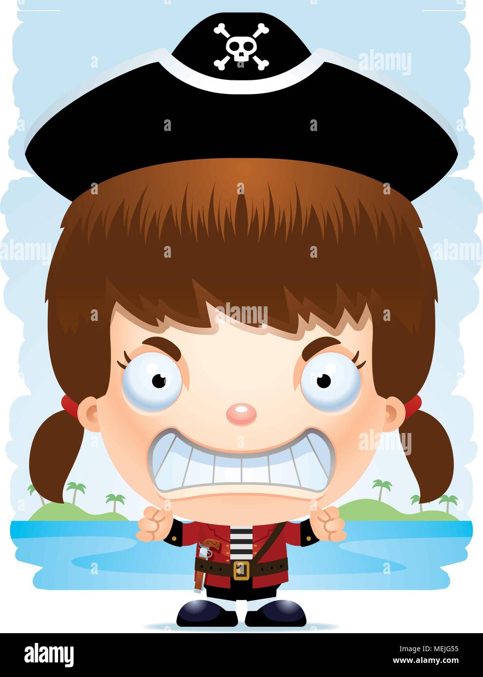 Illustration d'une caricature d'une jeune fille pirate avec une expression de colère. Illustration de Vecteur
