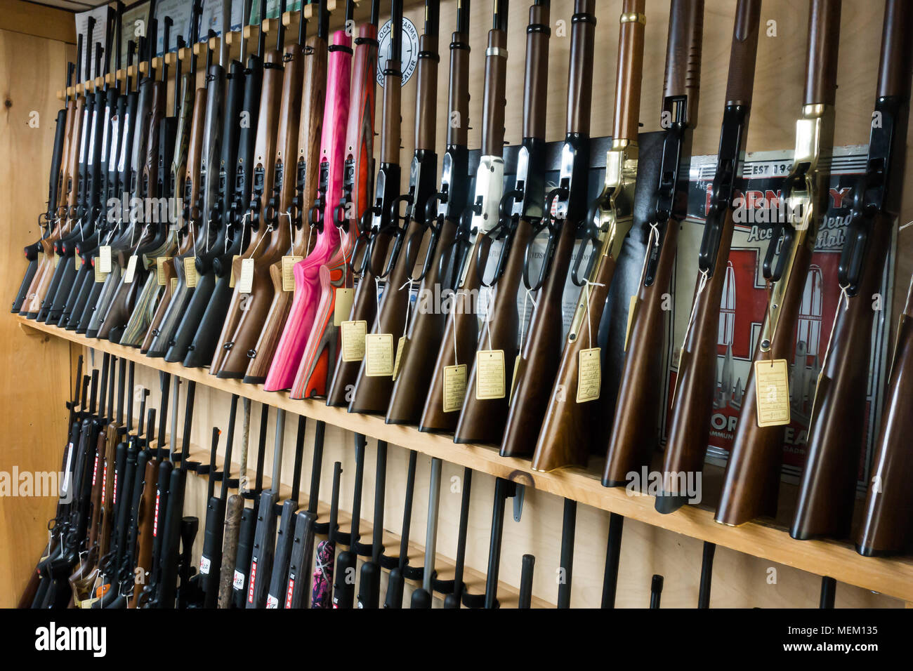 Casiers plein de fusils à percussion annulaire en vente dans un magasin d'armes. Banque D'Images