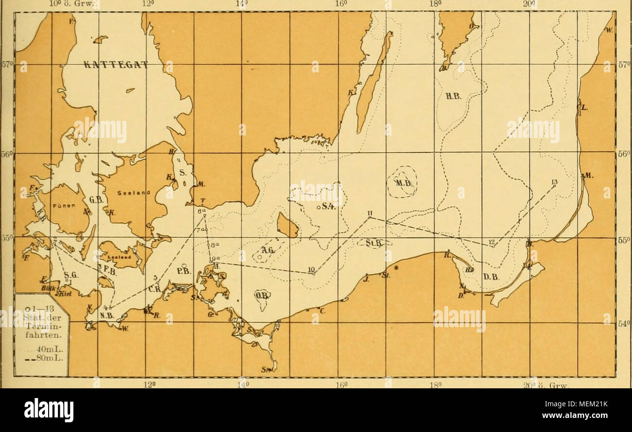 . Die Beteiligung deutschlands an der internationalen Meeresforschung : Bericht . 2UÂ" ü. - Terminfahrten Vinfjall Orv. S.G. = StoUer Grund. F.B = de Fehmarn. K.li. = Kleiner Bell. G B. = GroÃer Bell. N.B. = Neustädter Bucht. CR. = Cadet-Rindâ". A. = Arkona. T. = TreUeborg. A.G. = Adler-Grund. O.B. L'Oderbank =. St.B. = Slolper Banque. U.B. = Danziger Bucht. H. : = Lam. .. = Neufahrwasser. D = Danzig. F. = Pillau. B. = Brüsterort. M. = Memel. M.B. = Mittel-Bank. S.4 = Schwed. Terminstation4. Banque D'Images