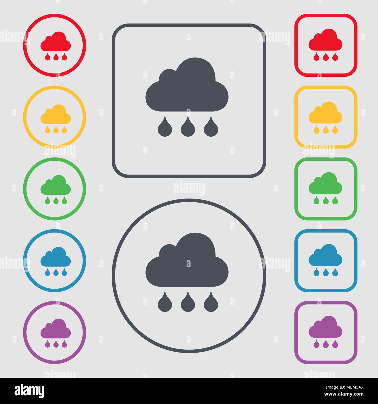 L'icône de pluie nuages signe. symbole sur le boutons ronds et carrés ...