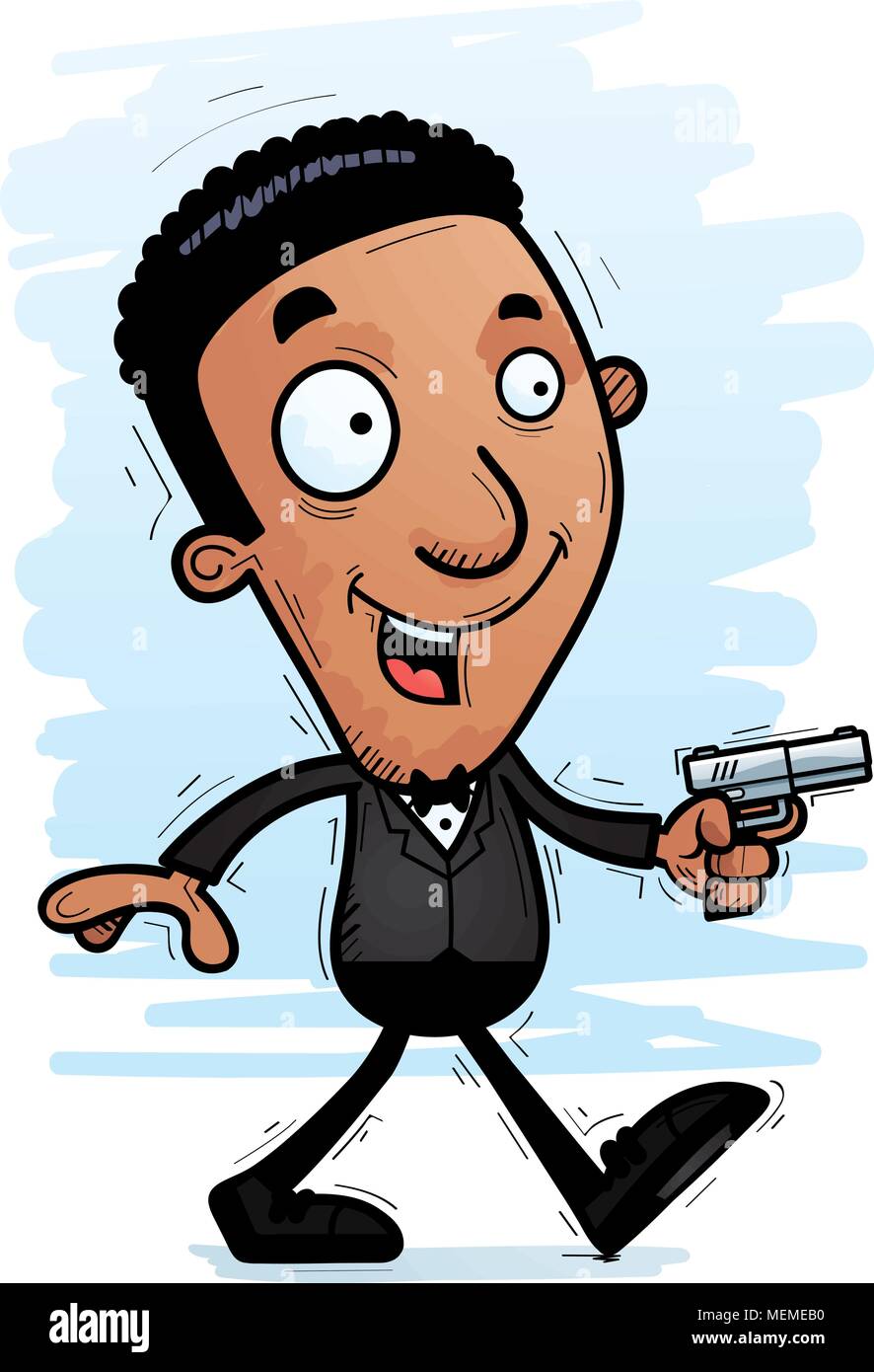 Un cartoon illustration d'un espion noir marche à pied. Illustration de Vecteur