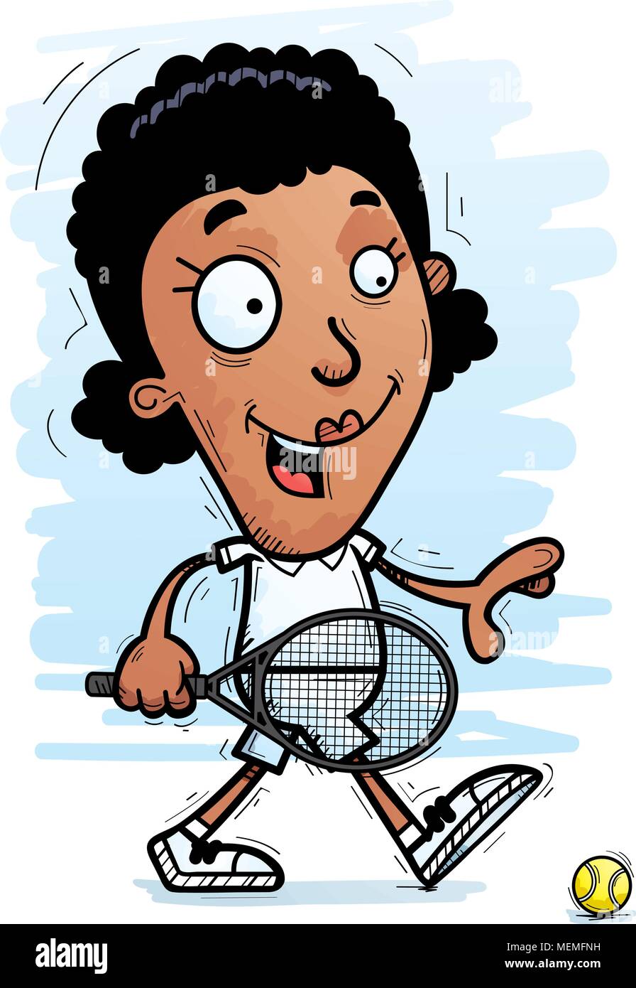 Illustration d'une caricature d'un joueur de tennis femme noir marche à pied. Illustration de Vecteur