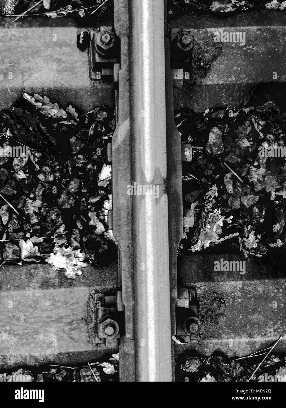 Droit d'en haut sur une voie de chemin de fer moderne en noir et blanc avec des feuilles d'automne en entre Banque D'Images