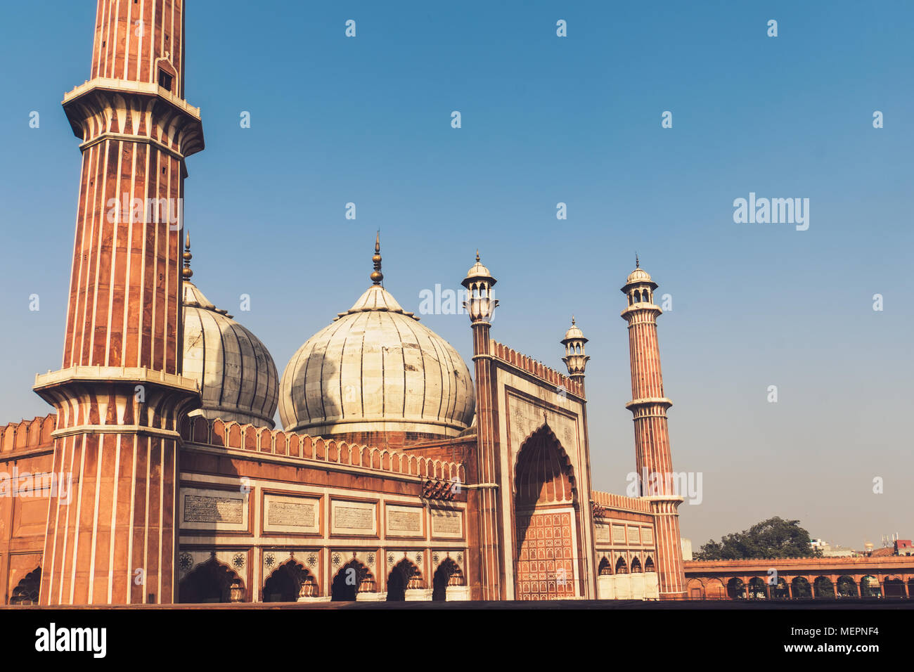 Vue sur la façade de la Jama Masjid dans la vieille ville de Delhi, Inde. L'une des attractions principales de la vieille ville de Delhi. Banque D'Images