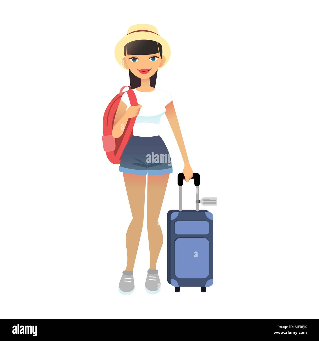 Billet d'une femme debout avec assurance. Télévision Jeune femme portant des vêtements décontractés avec des bagages à l'aéroport. Vector cute dame avec un sac de voyage et sac à dos. Style de voyage concept. Illustration de Vecteur