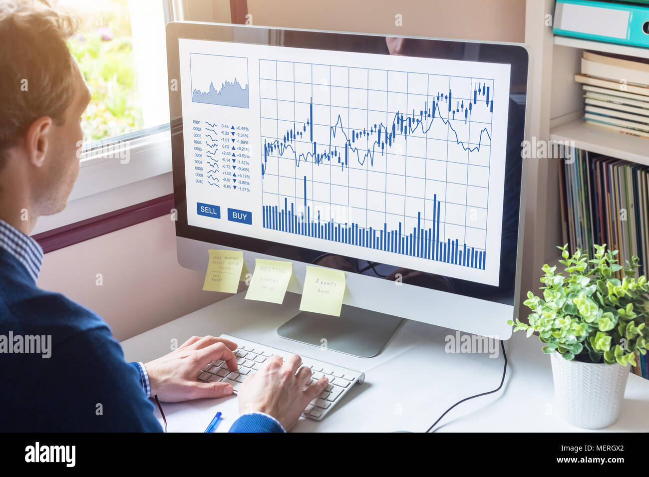 Accueil professionnel analyse forex (foreign exchange) et diagrammes marchands achat vente boutons sur écran d'ordinateur, bourse, investissement, de la technologie financière ( Banque D'Images