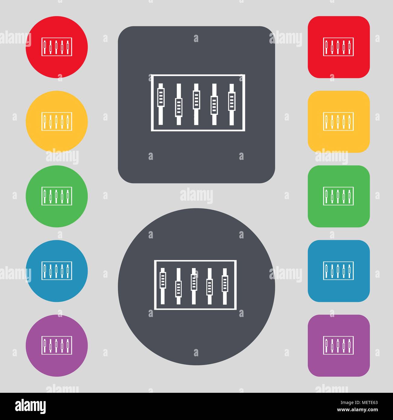 Console DJ mix poignées et boutons, icônes de niveau. Ensemble de boutons de couleurs. Vector illustration Illustration de Vecteur
