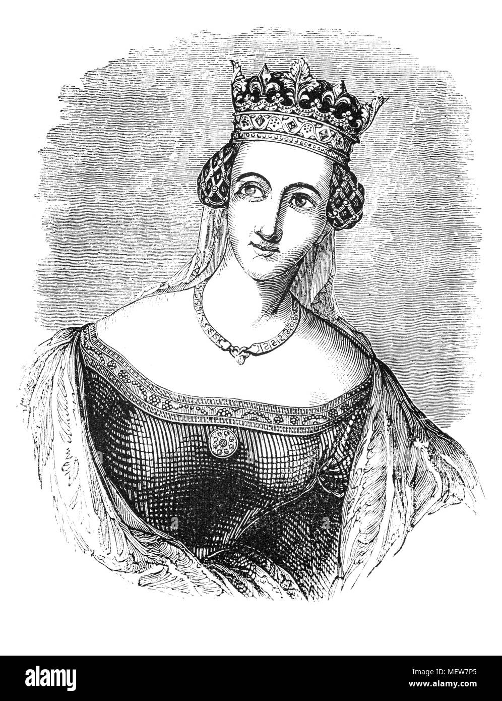Jeanne de Navarre, également connu sous le nom de Joanna (1370 - 1437). Le 7 février 1403, Jeanne épouse le roi Henri IV, également connu sous le nom de Henry Bolingbroke, à la cathédrale de Winchester, et le 26, elle a tenu son entrée officielle à Londres, où elle est couronnée reine d'Angleterre. La Reine Jeanne a été décrit comme beau, gracieux et majestueux, mais aussi comme cupide et avare, et a été accusé d'avoir accepté des pots-de-vin. Apparemment, elle n'a pas eu une bonne impression de l'Angleterre, comme un navire Breton a été attaqué à l'extérieur de la côte anglaise juste après son mariage. Elle préférait la compagnie de son entourage Breton, qui aurait pu causer à s Banque D'Images