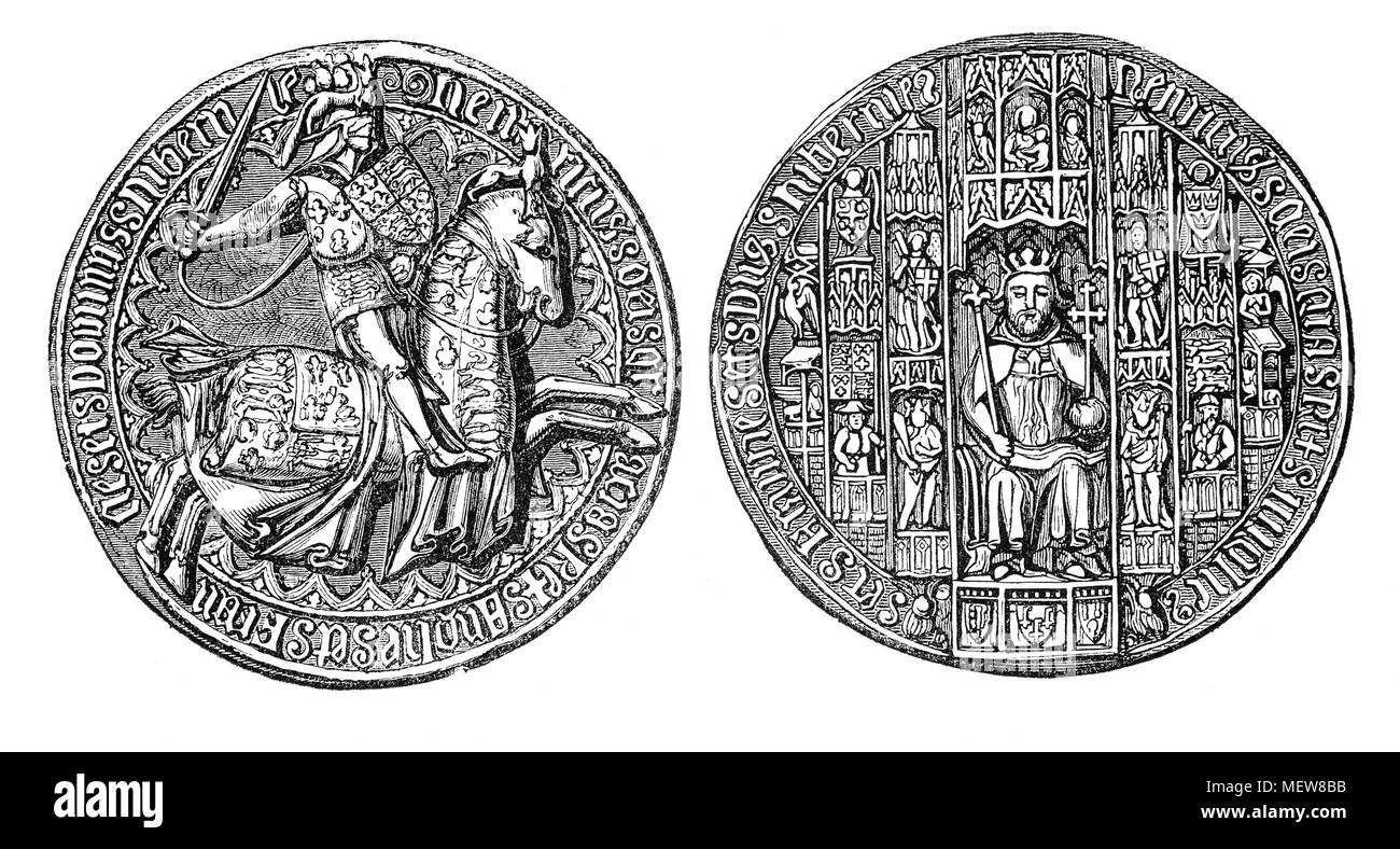 Le Grand Sceau du roi Henry V (1386 - 1422), le deuxième monarque anglais de la Maison de Lancastre. Henry s'est engagé dans la guerre avec la France en 1415 et ses succès militaires ont abouti à sa fameuse victoire à la bataille d'Azincourt (1415) et le voit venir près de conquérir la France. Banque D'Images