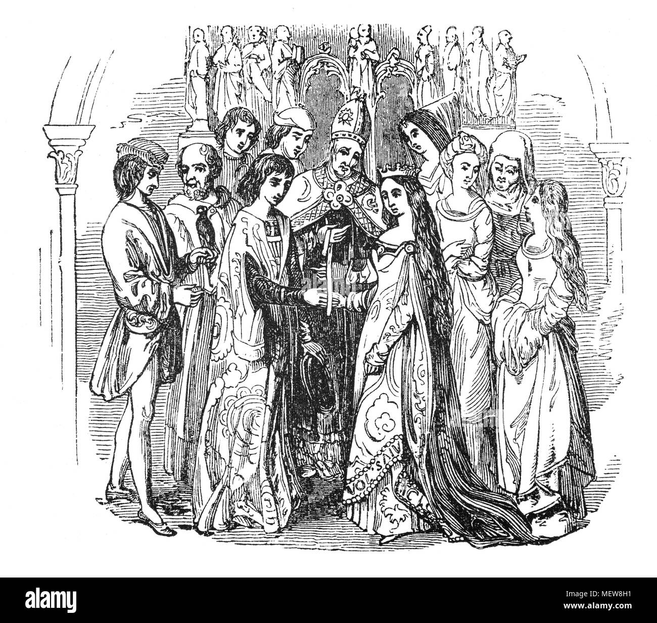 Le mariage de Henri VI (1421 – 1471), roi d'Angleterre, à Margaret d'Anjou (1430 – 1482) en 1445. En tant que reine d'Angleterre, elle a été l'une des principales figures de la série de guerres civiles dynastiques connues sous le nom de guerres des Roses et a parfois personnellement dirigé la faction Lancastrine. En raison des épisodes fréquents de folie de son mari, Margaret a dirigé le royaume à sa place. Banque D'Images