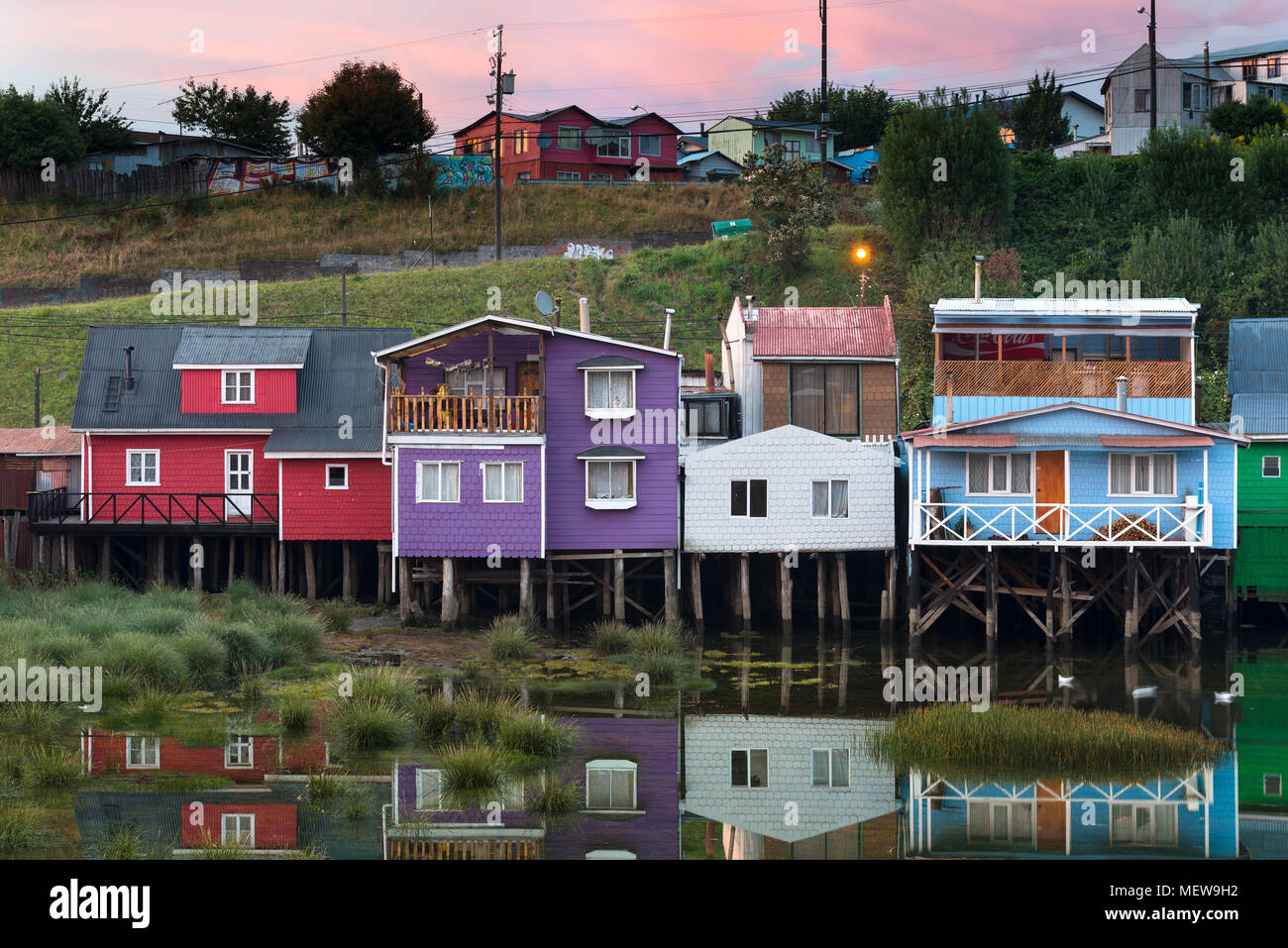 Castro, Ile de Chiloé, Chili - 29 janvier 2016 : Palafitos, Pedro montt échasses traditionnelles maisons de l'île. Banque D'Images