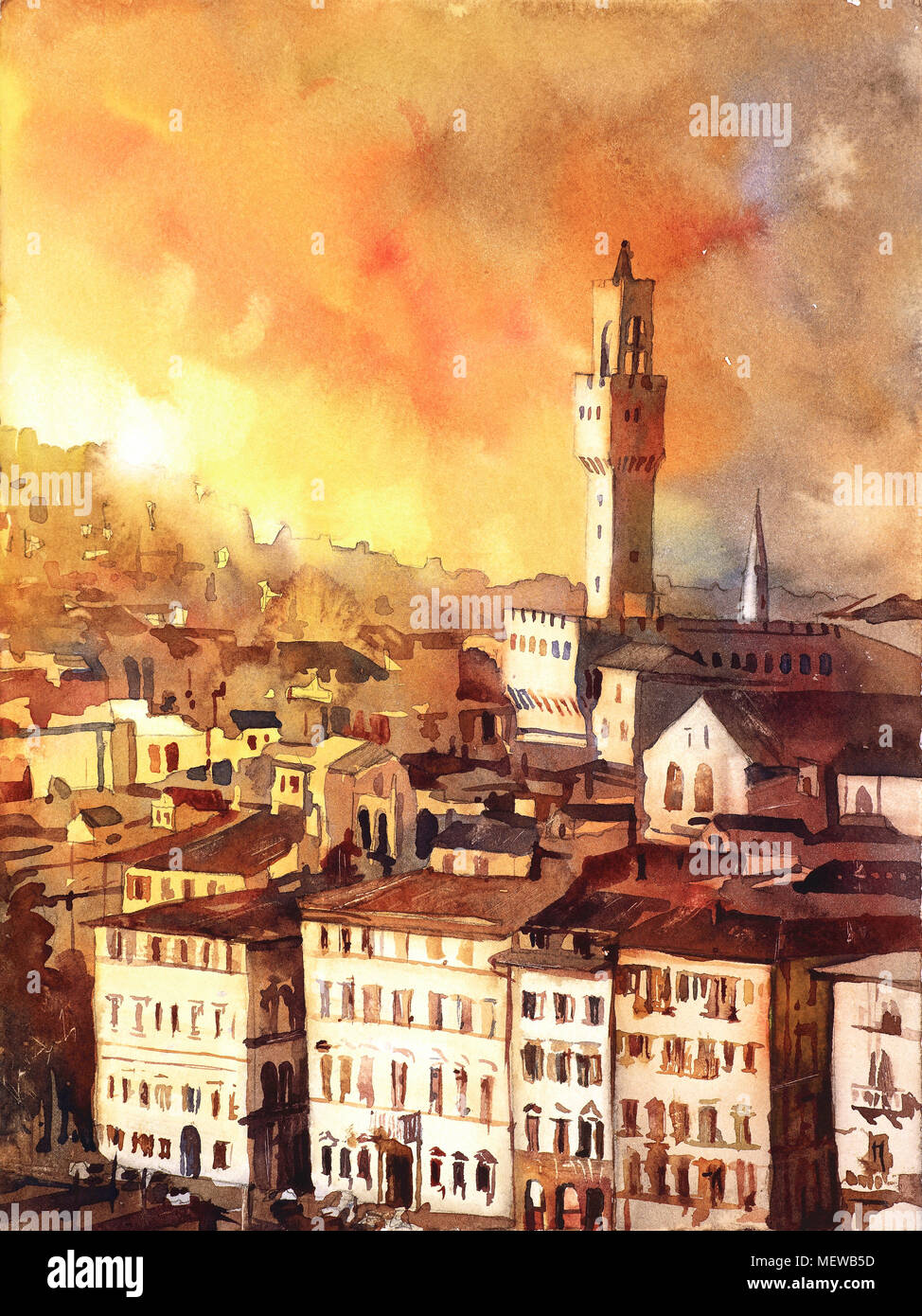 L'aquarelle de l'église clocher-tour au coucher du soleil dans la ville de Florence, en Italie. L'art de Florence, Italie aquarelle, toits de Florence, de l'art imprimer Banque D'Images