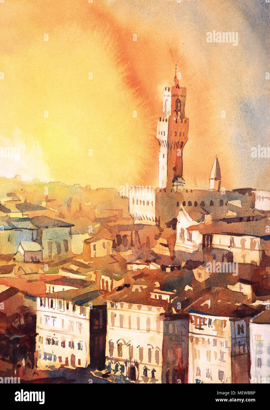 L'aquarelle de l'église clocher-tour au coucher du soleil dans la ville de Florence, en Italie. L'art de Florence, Italie aquarelle, toits de Florence, de l'art imprimer Banque D'Images