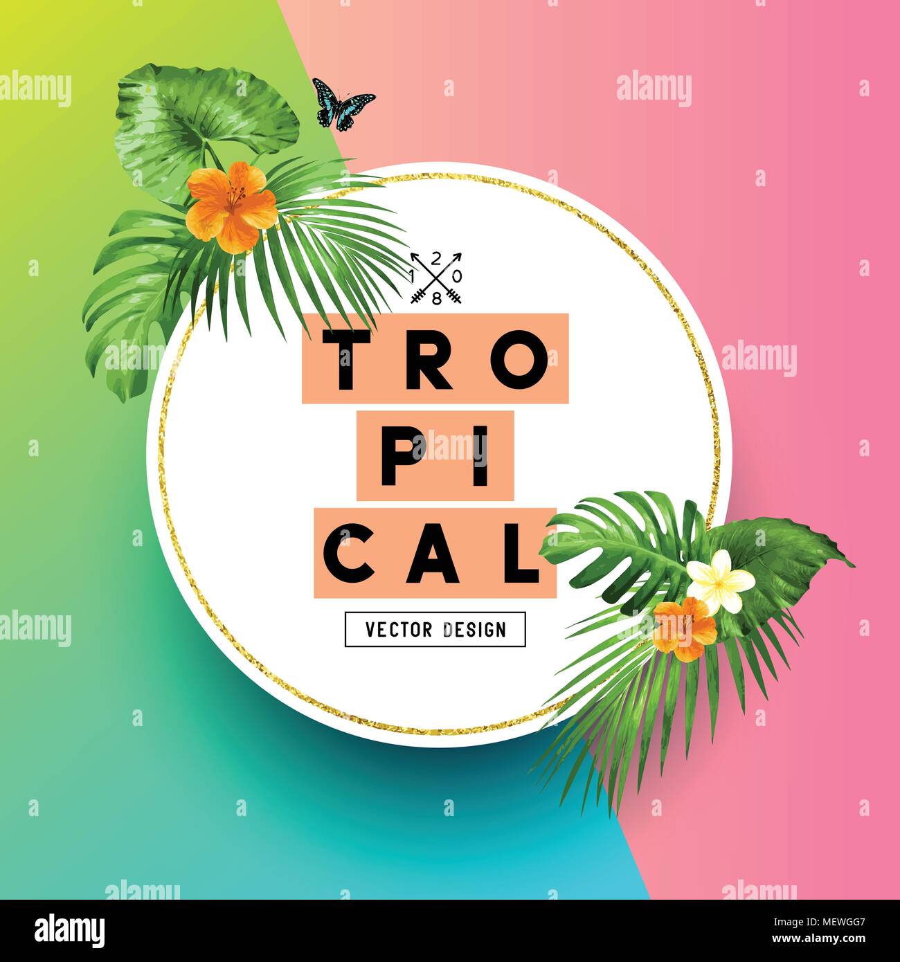 Un lumineux et coloré de l'été fond tropical avec des feuilles de palmiers et de fleurs d'Hibiscus. Vector illustration. Illustration de Vecteur