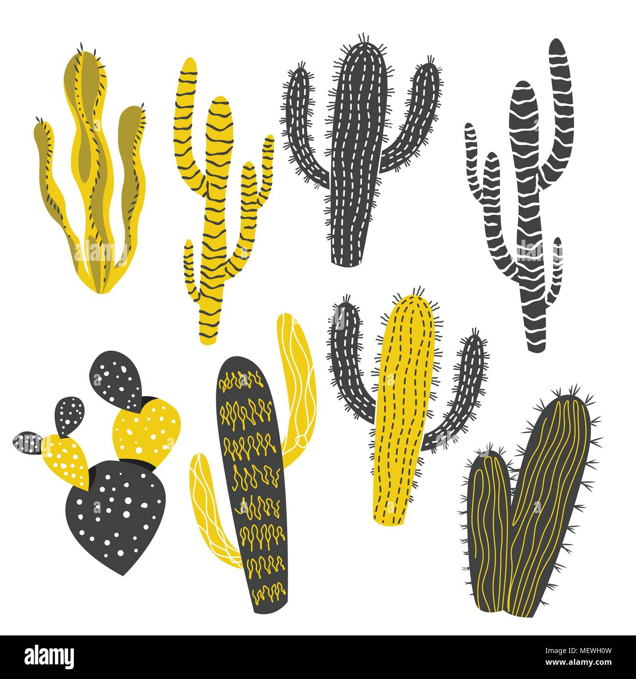 La moutarde et la couleur du charbon de cactus et plantes succulentes dans différentes formes. Vector illustration Illustration de Vecteur