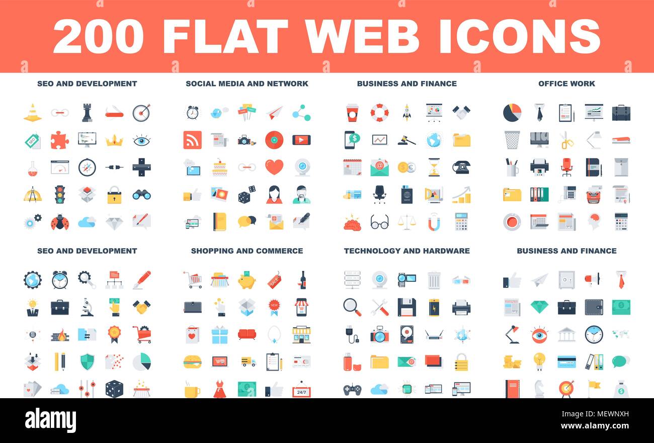 Télévision 200 icônes Web - SEO et développement, les médias sociaux et réseau, l'administration et les finances, le travail de bureau, des magasins et du commerce, de la technologie et du matériel Illustration de Vecteur
