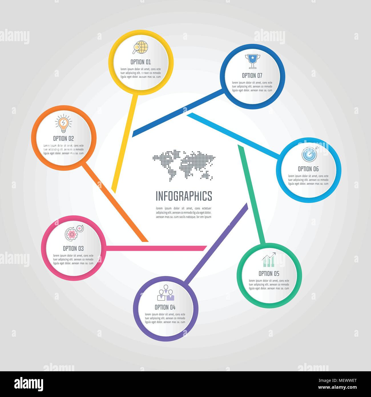 Concept créatif pour l'infographie avec 7 options, pièces ou processus. Infographie Timeline business design et marketing des icônes pour la présentation annuelle, Illustration de Vecteur