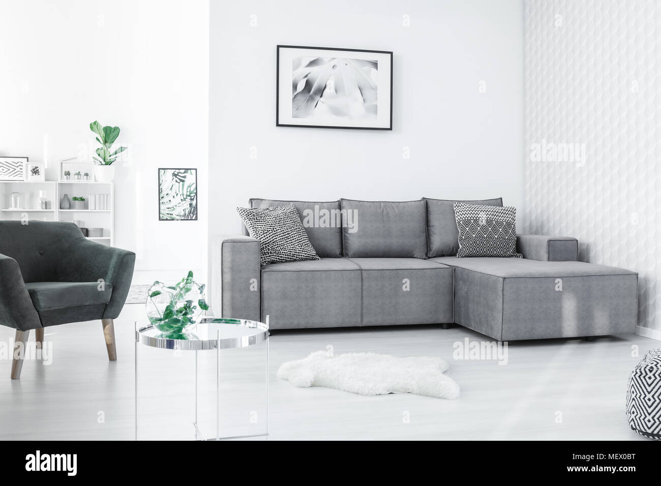 Affiche en noir et blanc accrochée au mur dans un espace libre télévision intérieur en style nordique avec des plantes fraîches Banque D'Images
