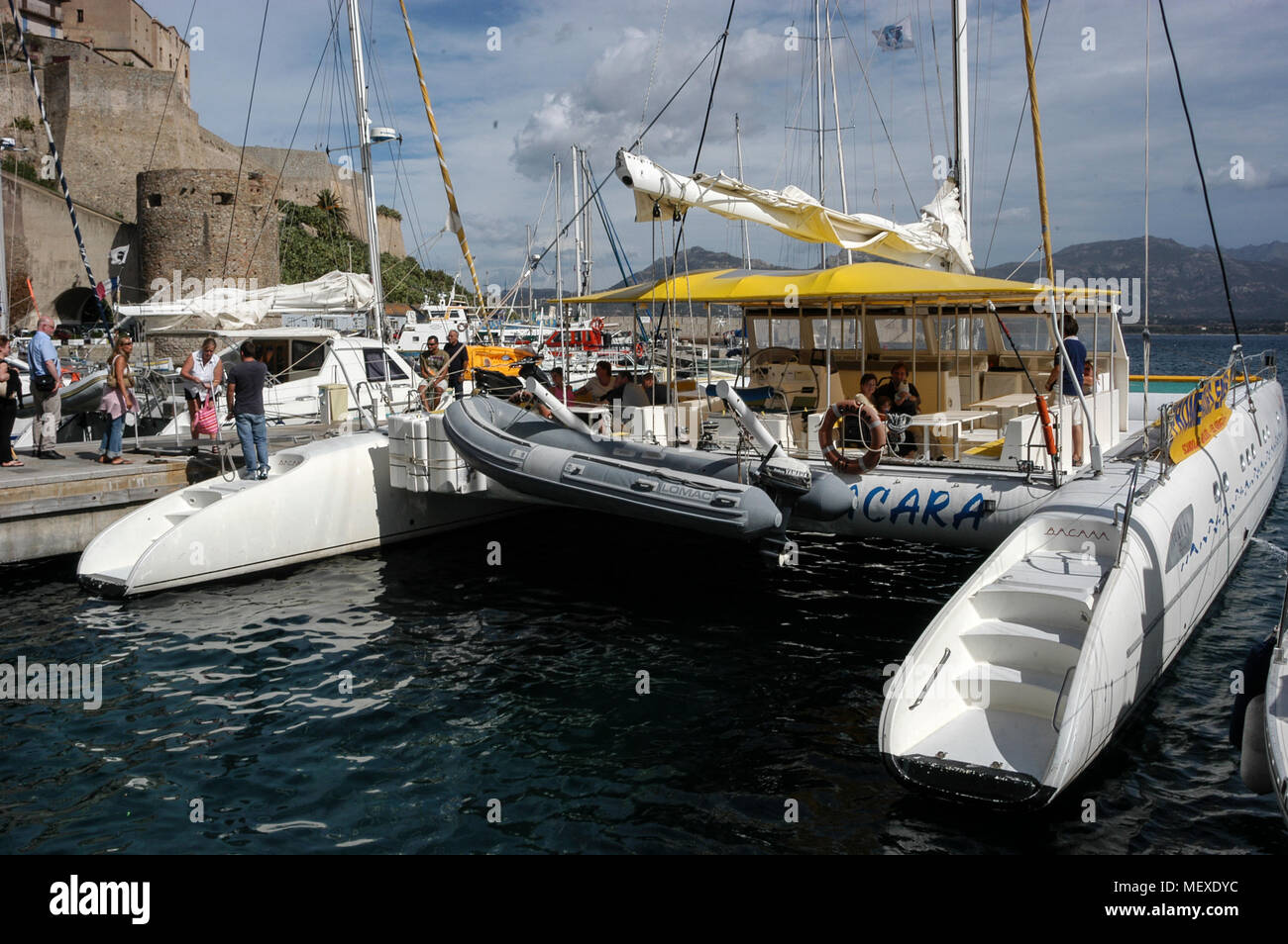Un moored catamaran restauration pour de courtes excursions touristiques à Calvi port de plaisance sur le port de Calvi, en Corse, une île française au large de la côte sud Banque D'Images