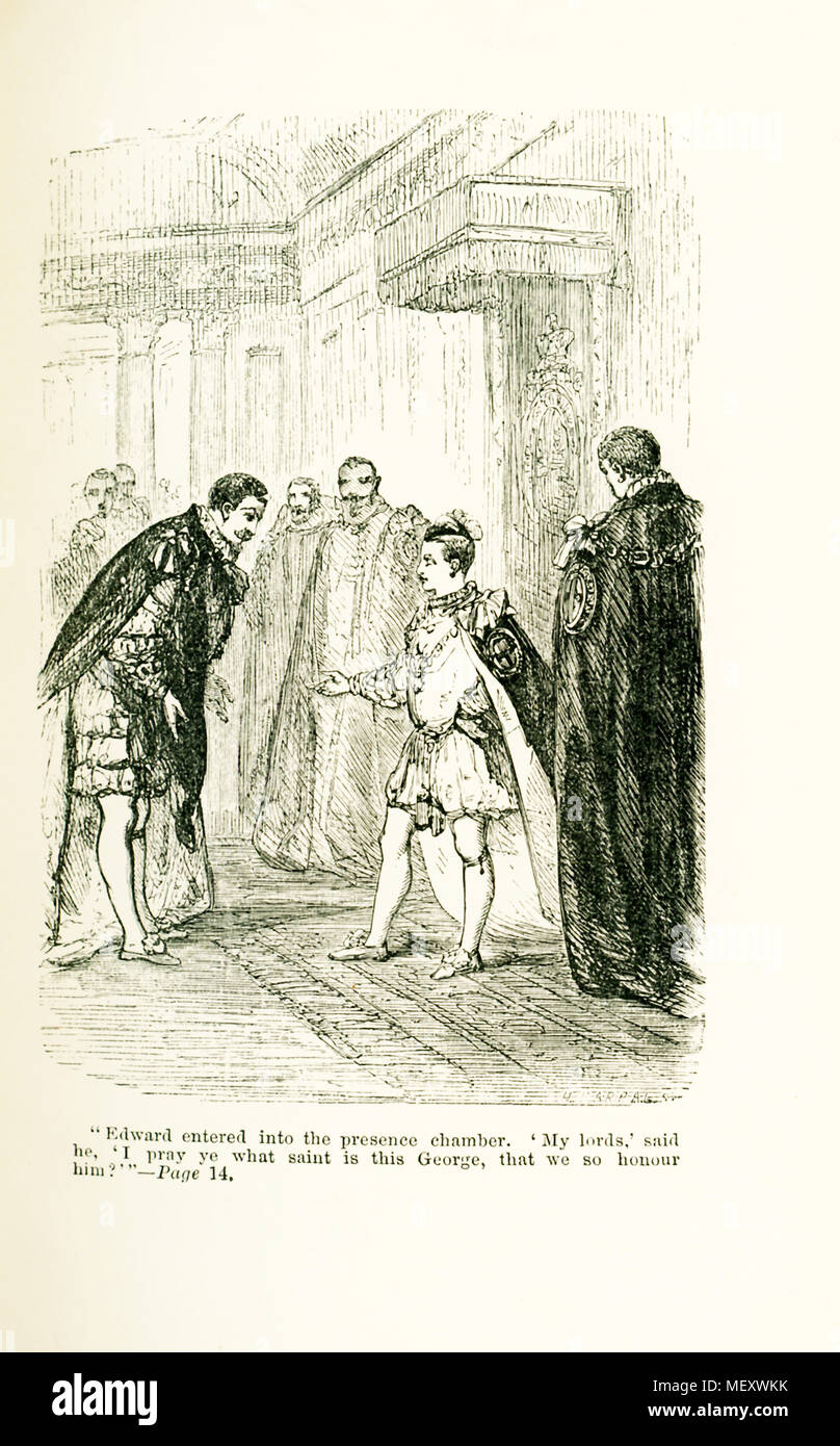 La légende sur cette illustration qui date d'environ 1865 lit' Edward entré dans la chambre présence, 'My lords,' dit-il, "Je prie pour vous-mêmes de ce que saint George, est-ce que nous l'honneur de lui ?' Édouard VI était le fils de Henri VIII et de Jane Seymour et régna de 1847 à sa mort en 1853. Banque D'Images